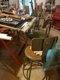 Drafting tables, industrial chairs, drafting supplies 
