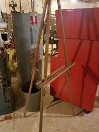 Easel , vintage  metal garbage can