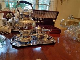 Chrome Coffee Urn , Tray, sugar and creamer