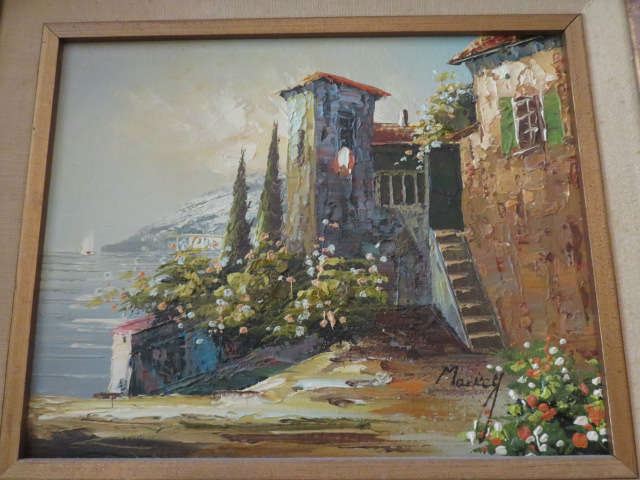 European Seaside Village Oil Painting Signed, Markey