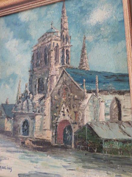 French Cathedral Streetscape Oil Painting Signed Desmoulins