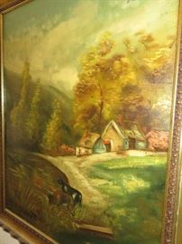 European Oil Painting, Cottage Landscape with Cows