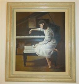 Girl Reading Piano Music by Piano Oil Painting, Artist Signed 