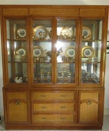Large Wood Wicker Accent China Hutch, Matching Dining Table & Console Cabinet