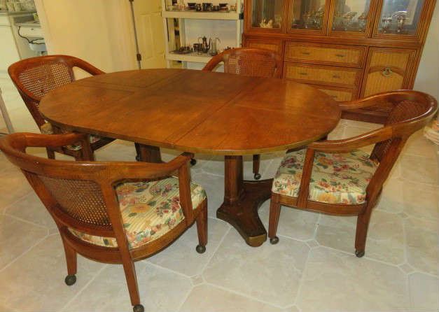 Mid Century Low Dining Table, double leaves, 4 cane back chairs on casters