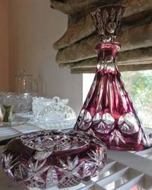 Antique Amethyst Cut to Clear Decanter & Ashtray