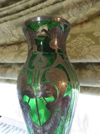 Antique Sterling Silver Overlay Emerald Green Art Glass Nouveau Vase, chip/cracked glass