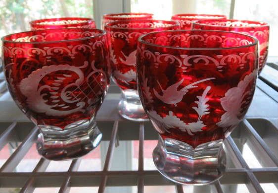 Antique Bohemian Ruby Red Cut To Clear Juice Glass Set