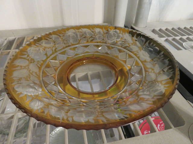 Bohemian Amber Cut To Clear Crystal Serving Dish