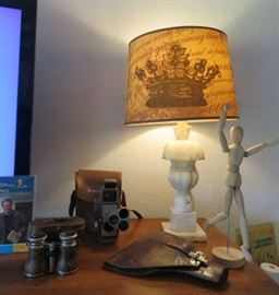 Alabaster Lamp, Vintage Camera, Binoculars