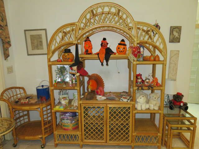 Vintage Large Rattan Wall Display Shelf, Bar Cart & Nesting Tables