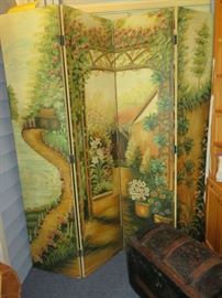 Vintage Hand Painted Garden Scene 4 Panel Room Divider 