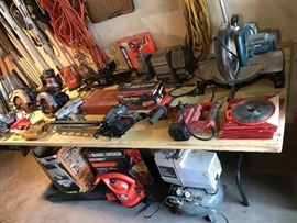 Concrete drill,hammer drills. Miter saw, Pancake air compressor, Grinding wheels, Shop vac, B&D blower w attachments,router,3 skill saws, pneumatic commercial stapler......
