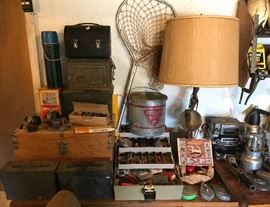 Camping trunk, minnow bucket, fishing tackle, ammo boxes. camping coffee pots, vintage thermos.......