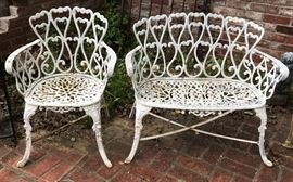 Ornate Vintage white wrought iron loveseat & side chair