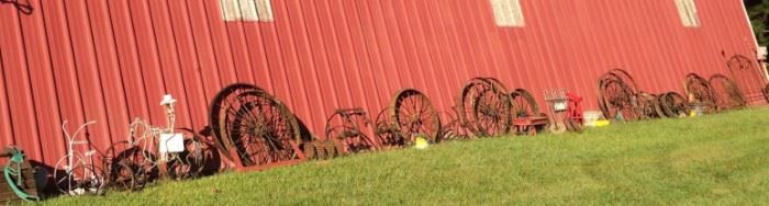 Just Some of the Available Wagon Wheels of Different Sizes and Types, Yard Art, Planters, Vintage Rusty Farm Equipment, Red Tractor Seat Stool & More!