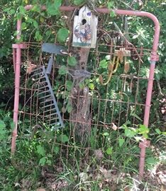 Garden Gate Decorated w/Bird House and Rusty Implements