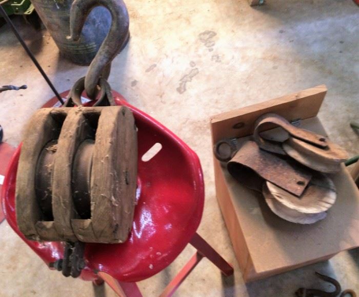 Large Block and Tackle, Two Smaller Pulleys, Red Tractor Seat Stool