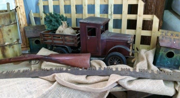 Vintage Lumber Saw, Model Truck, Rifle, Bird House, More