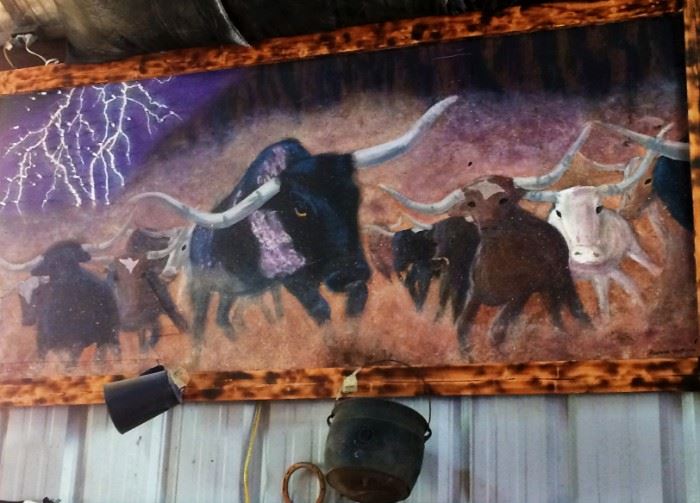 Large Framed Painting of Stampeding Herd