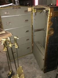 Vintage Steamer/Travel Trunk in Great Condition, Brass Fireplace Set