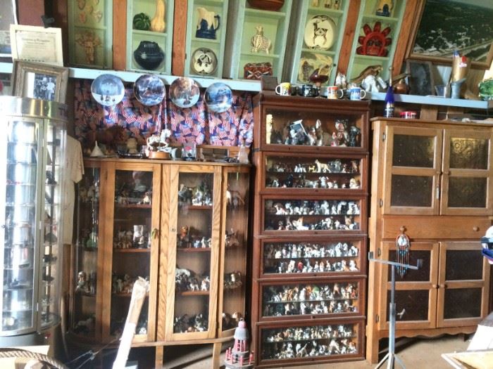 Tall Timex Display Cabinet, Glass & Oak Display Cabinet, Reproduction Pie Safe, Collector's Plates, 100's of Japanese & Other Vintage Animal Figurines. (NOTE: Barrister's Bookcase NOT for sale.)