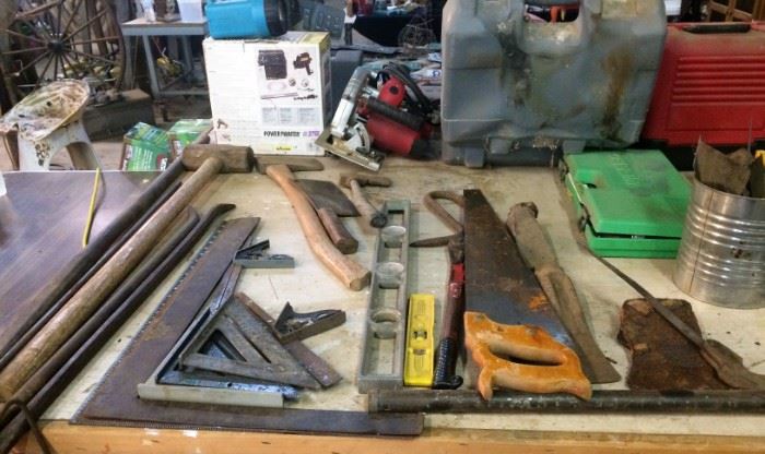 Large Wonder/Pry Bars, Multiple Squares, Vintage Axes and Axe Heads, Levels, Saws, More