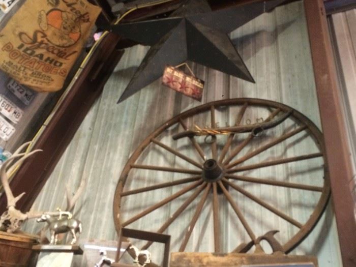 Decorated Wagon wheel, Large Decorative 3-D Star, Old Potato Sack, More