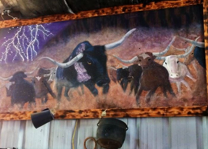 Large Painting of Cattle Stampede Signed Roseanne Smith 2008