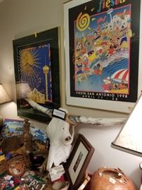 Framed Fiesta Posters and Longhorn Skull and Horns