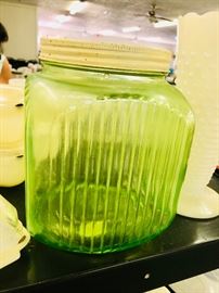 green depression Glass Uranium Glass Cannister Jar