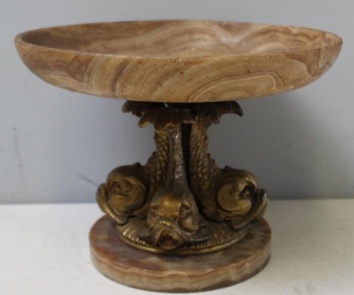Antique Alabaster and Bronze Dolphin Form Tazza