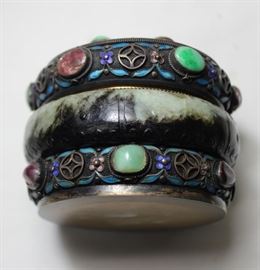 Chinese Enameled Silver Jade and Stone Box