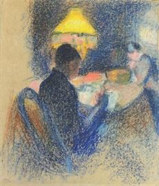 French Impressionist Pastel Drawing Figures in a