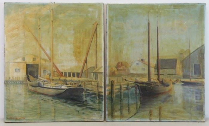 JACQUES Pair of Oils on Canvas Harbor Scenes