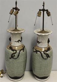 Pair of Celadon Crackle Glazed Vases as Lamps