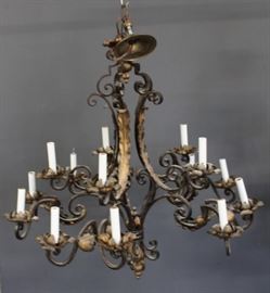 Patinated Iron and Gilt Decorated Chandelier