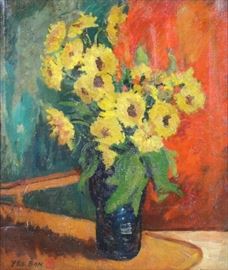 YEE BON Oil on Canvas Yellow Flowers in a Vase