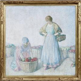 MYRON BARLOW (AMERICAN, 1873–1937), OIL ON CANVAS, H 40", W 40", TWO LADIES WITH BASKETS OF APPLES
Lot # 2007  