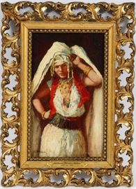 ADDISON THOMAS MILLAR [AMERICAN, 1860–1913] OIL ON MAHOGANY PANEL, H 9.5", W 5.5", PORTRAIT OF A GYPSY WOMAN
Lot # 2017 
