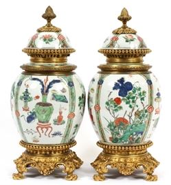 FRENCH BRONZE MOUNTED CHINESE PORCELAIN GINGER JARS, 19TH C. PAIR, H 15", D 7 1/2
Lot # 2050 