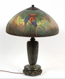 HANDEL THREE-LIGHT REVERSE PAINTED GLASS LAMP, H 24", DIA 18"
Lot # 2053  