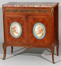 LOUIS XVI STYLE WALNUT, SEVRES AND MARBLE TOP COMMODE, 19TH.C. H 39", L 38" D 18"
Lot # 2061 