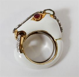 DAVID WEBB, WHITE ENAMELED, DIAMOND & RUBY HORSE FORM RING, 17 GRAMS, RING SIZE: 5
Lot # 2075 