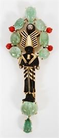 18KT YELLOW GOLD, EMERALD, CORAL & DIAMOND BROOCH, 58 GRAMS, H 4 1/4", L 1 3/4"
Lot # 2081 