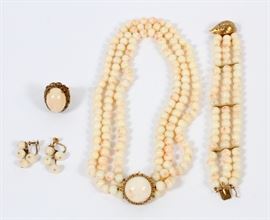 LADY'S LIGHT CORAL BEAD NECKLACE, BRACELET, EARRINGS & 14KT YELLOW GOLD RING SET, 4 PCS
Lot # 2086 