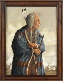 BRUCE ROTHFUSS (USA, 20TH/21ST C.), OIL ON PANEL, 1981, PANEL SIZE: H 30", W 22", STANDING ELDERLY INDIAN HOLDING A PEACE PIPE
Lot # 2129 