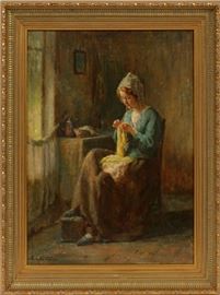 CHARLES WALTENSPERGER (MICHIGAN, 1871-1931), OIL ON CANVAS, H 20 1/4", W 19 1/4", SEATED WOMAN SEWING
Lot # 2146 