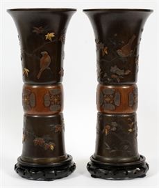 JAPANESE BRONZE AND MIXED METAL VASES, MEIJI PERIOD, H 12 1/2", DIA 6"
Lot # 2187 