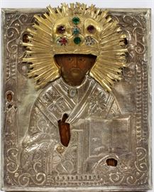RUSSIAN SILVER & WOOD ICON, H 11", W 9", ST. NICHOLAS OF MYRA
Lot # 2169 